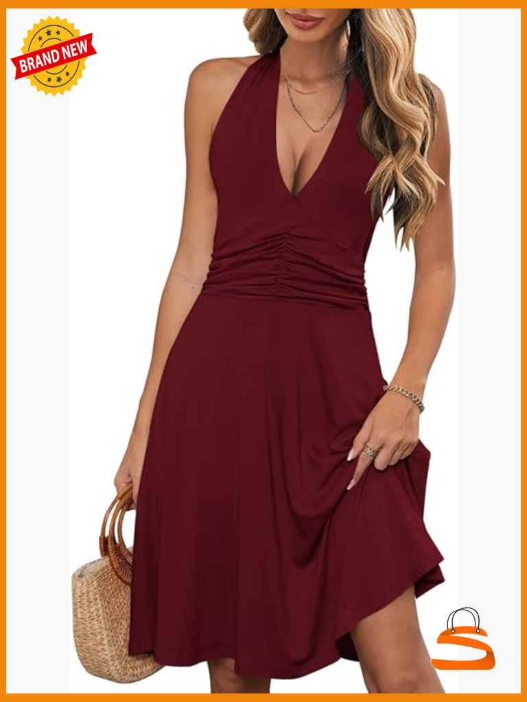 Sleeveless Halter Neck A-Line Midi Sundress With Pockets